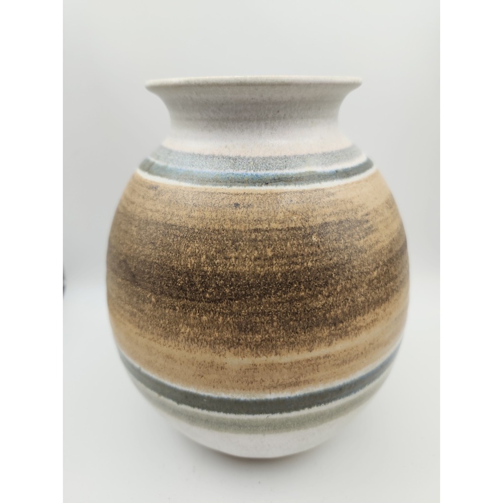 Round Ceramic Vase. Brown And Blue Bands Minamalist Style  6" Tall